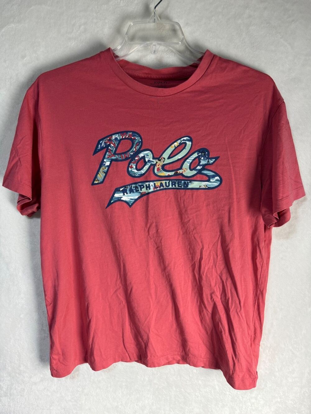 Polo Ralph Lauren Pink Hawaiian Hula Girl Script Logo Graphic Shirt Size L